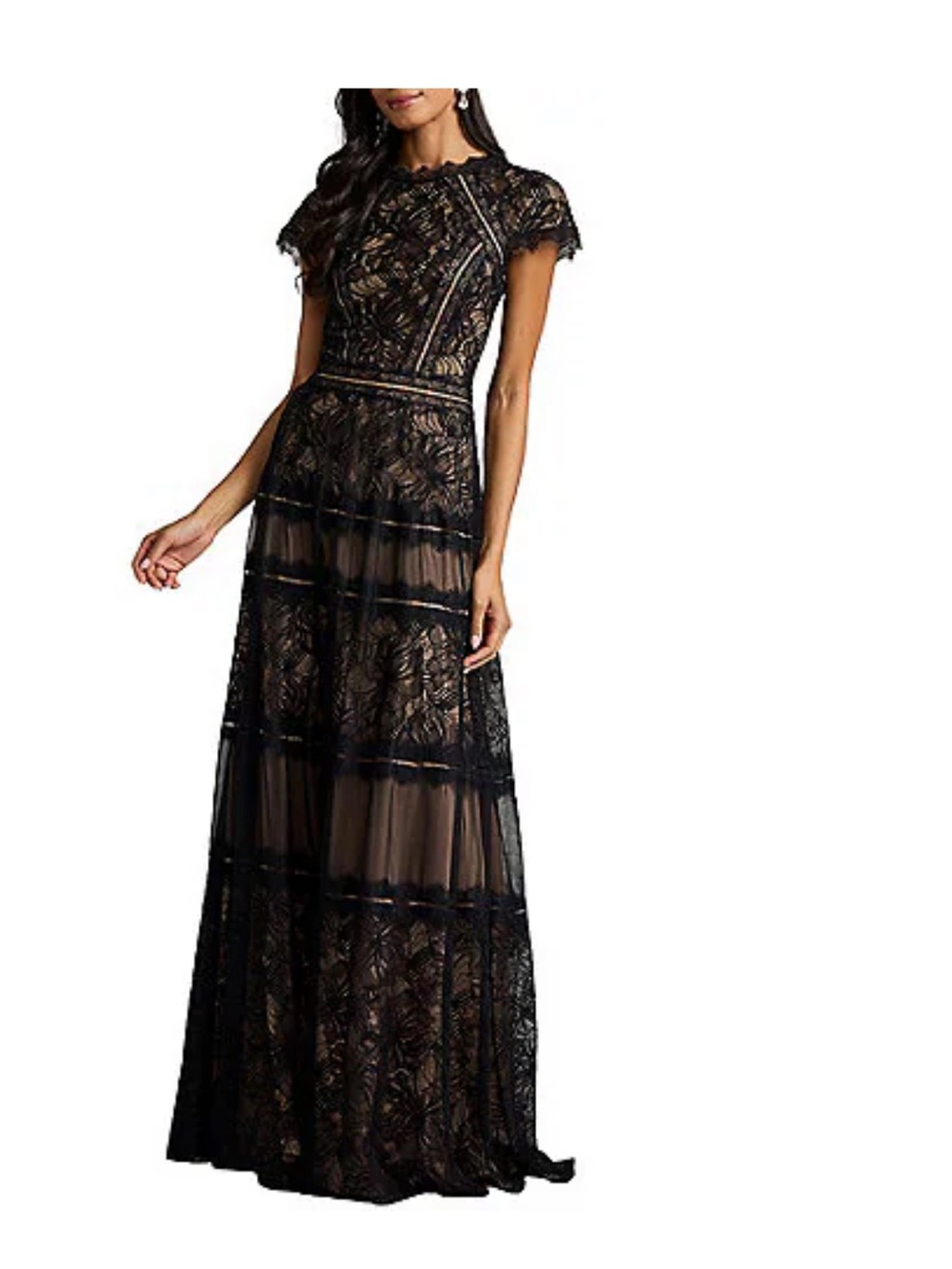 Tadashi Shoji Black Lace Maxi Dress with Nude Lining